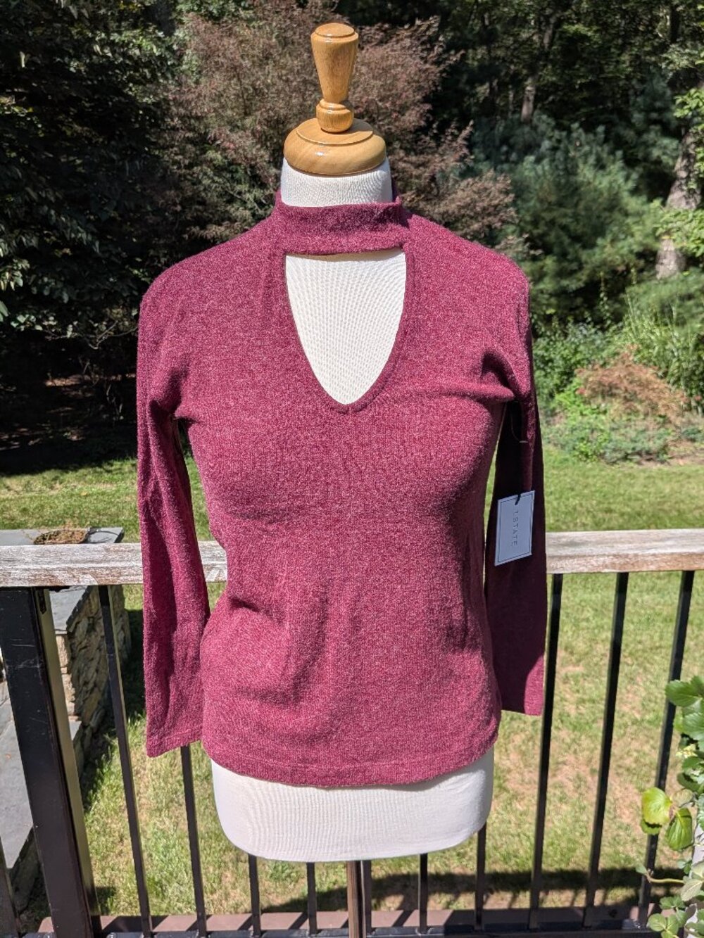 Mock Collar V-Neck Cutout Knit Sweater Raspberry Magenta by 1. State XS